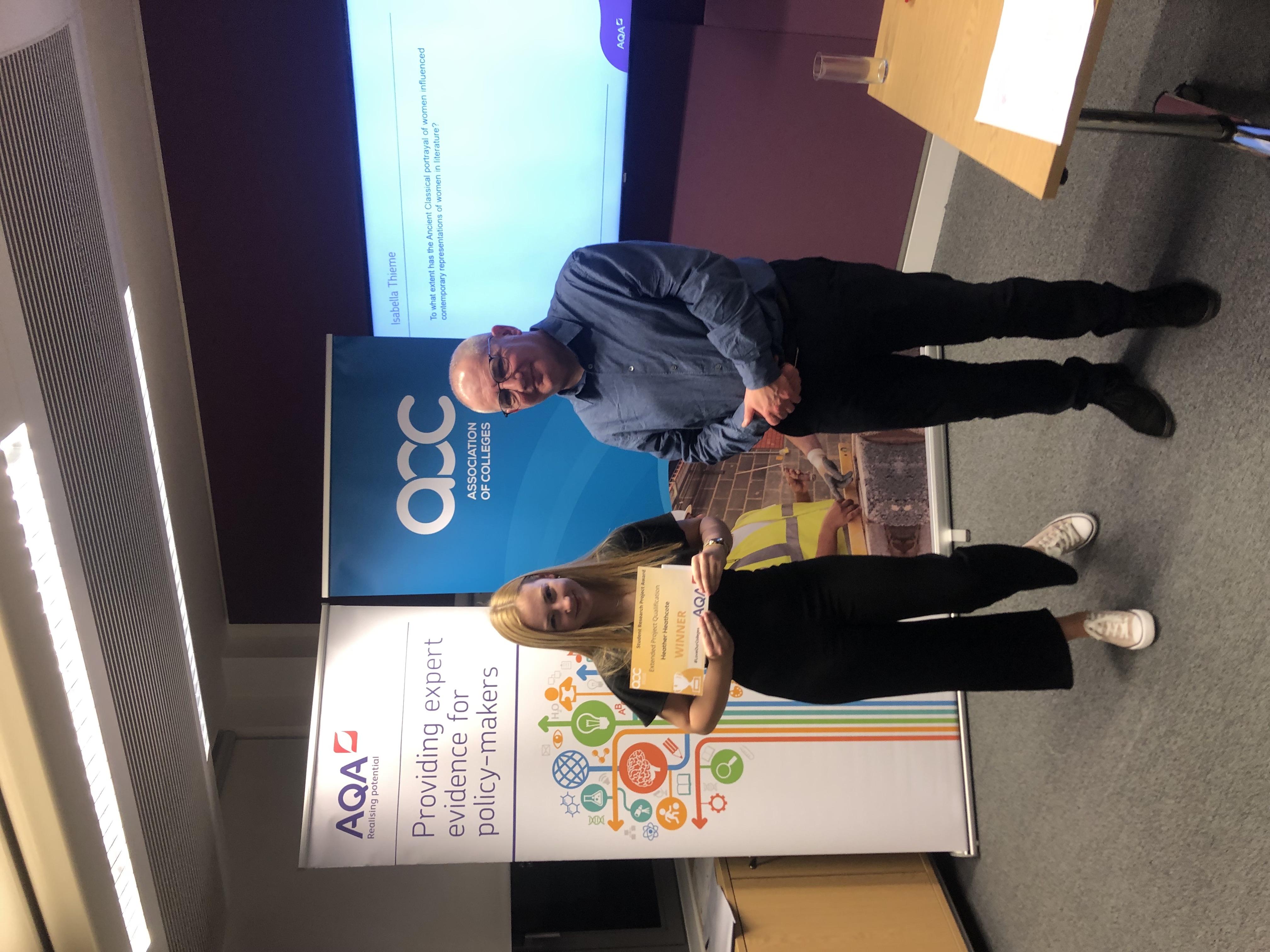 Extended Project Qualification (EPQ) award winner Heather Heathcote with Senior Policy Manager Eddie Playfair from the Association of Colleges.