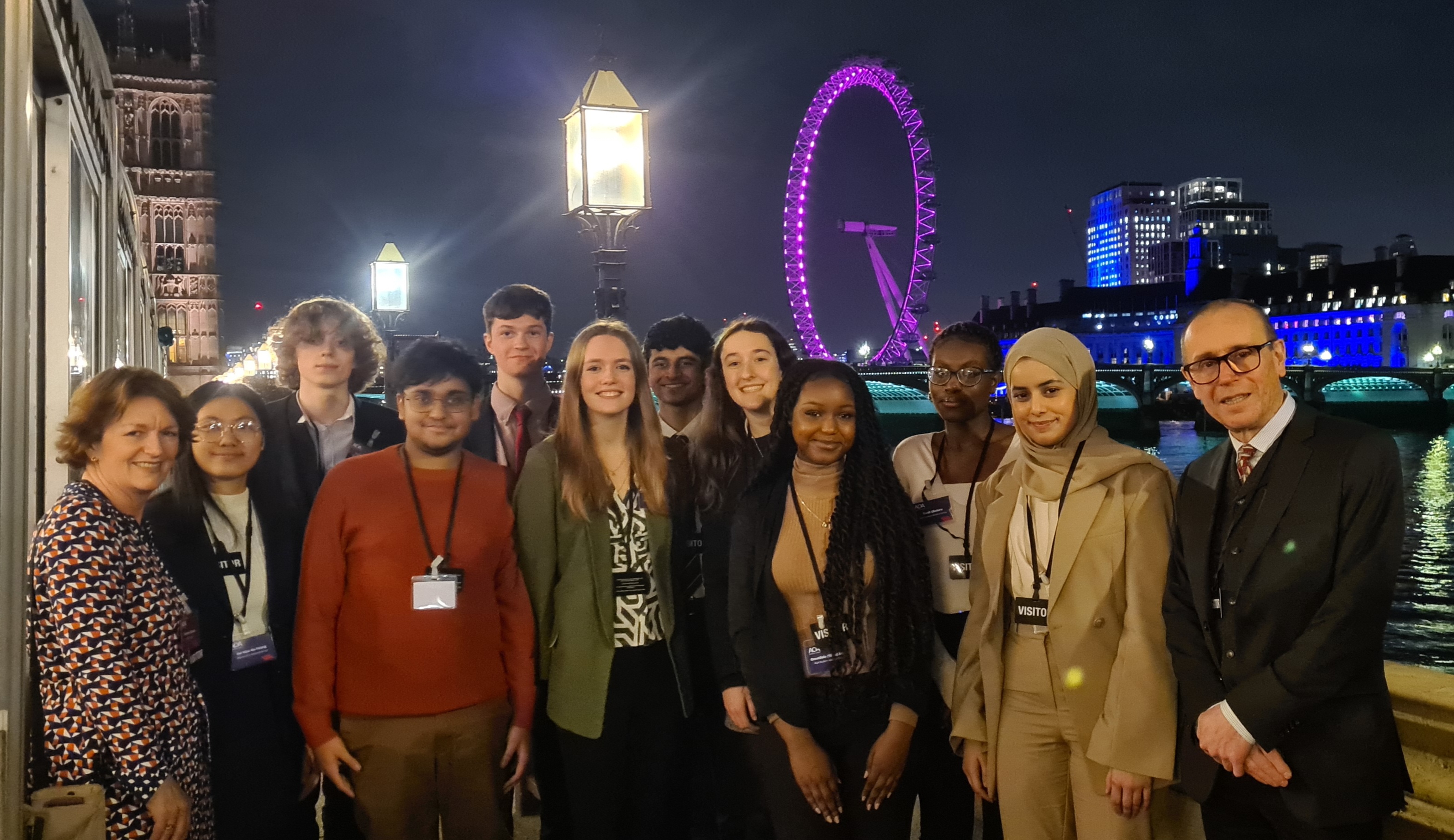 Student Advisory Group members on Westminster Terrace at the Houses of Parliament, with AQA Trustee Elizabeth Kitcatt (far left), new group co-chair Cerys McGrath (centre) and AQA CEO Colin Hughes (far right).