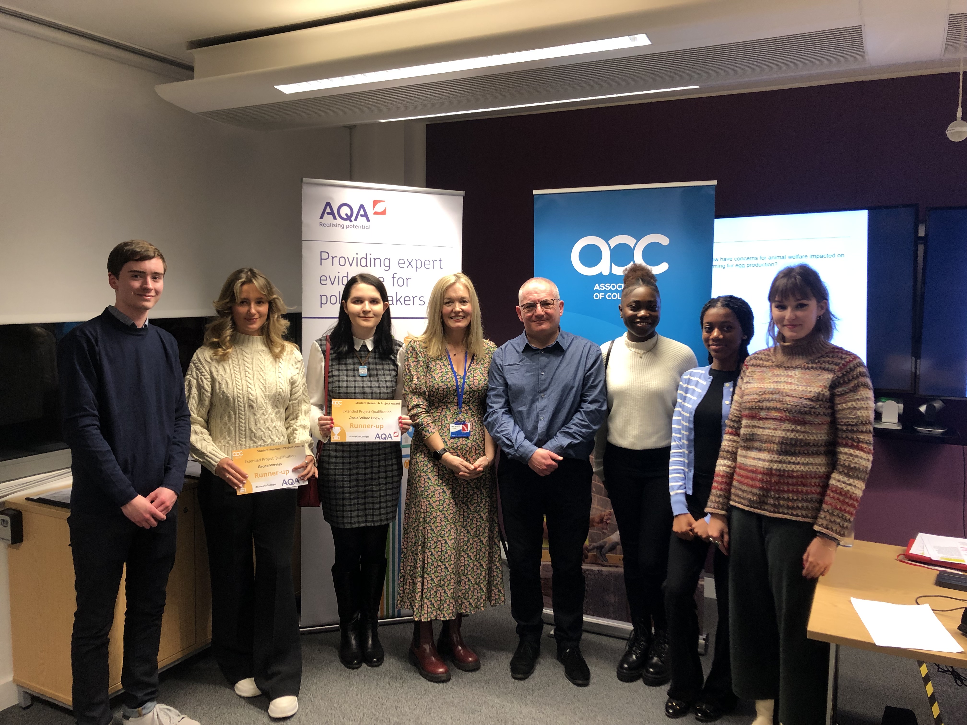 AQA’s Head of Curriculum Portfolio, Jen Osler, and Senior Policy Manager, Eddie Playfair, from the Association of Colleges with some shortlisted EPQ students at the event.