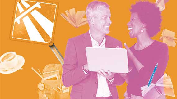 Maths hub schools network page banner man and woman laughing holding a laptop