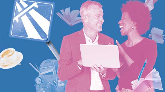 English Hub Schools network page banner man and woman laughing holding a laptop