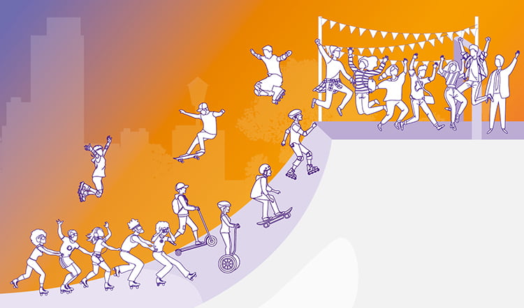 Group of roller-skaters and skateboarders, dancing together on a half pipe at sunset.